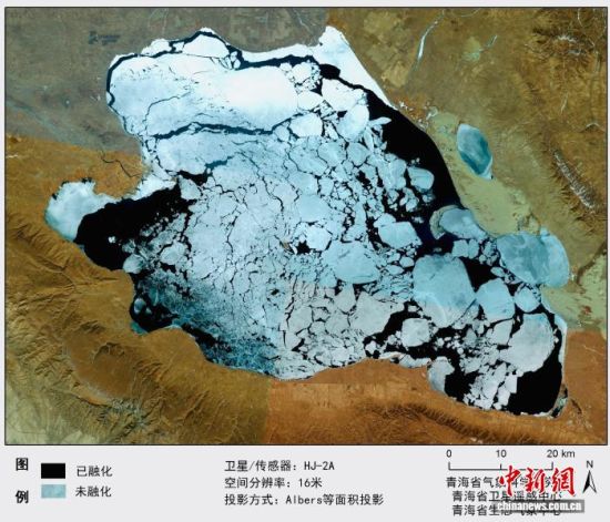 图为2026年3月16日青海湖湖冰融化遥感监测。(青海省气象科学研究所 供图) 图为2026年3月16日青海湖湖冰融化遥感监测。(青海省气象科学研究所 供图)